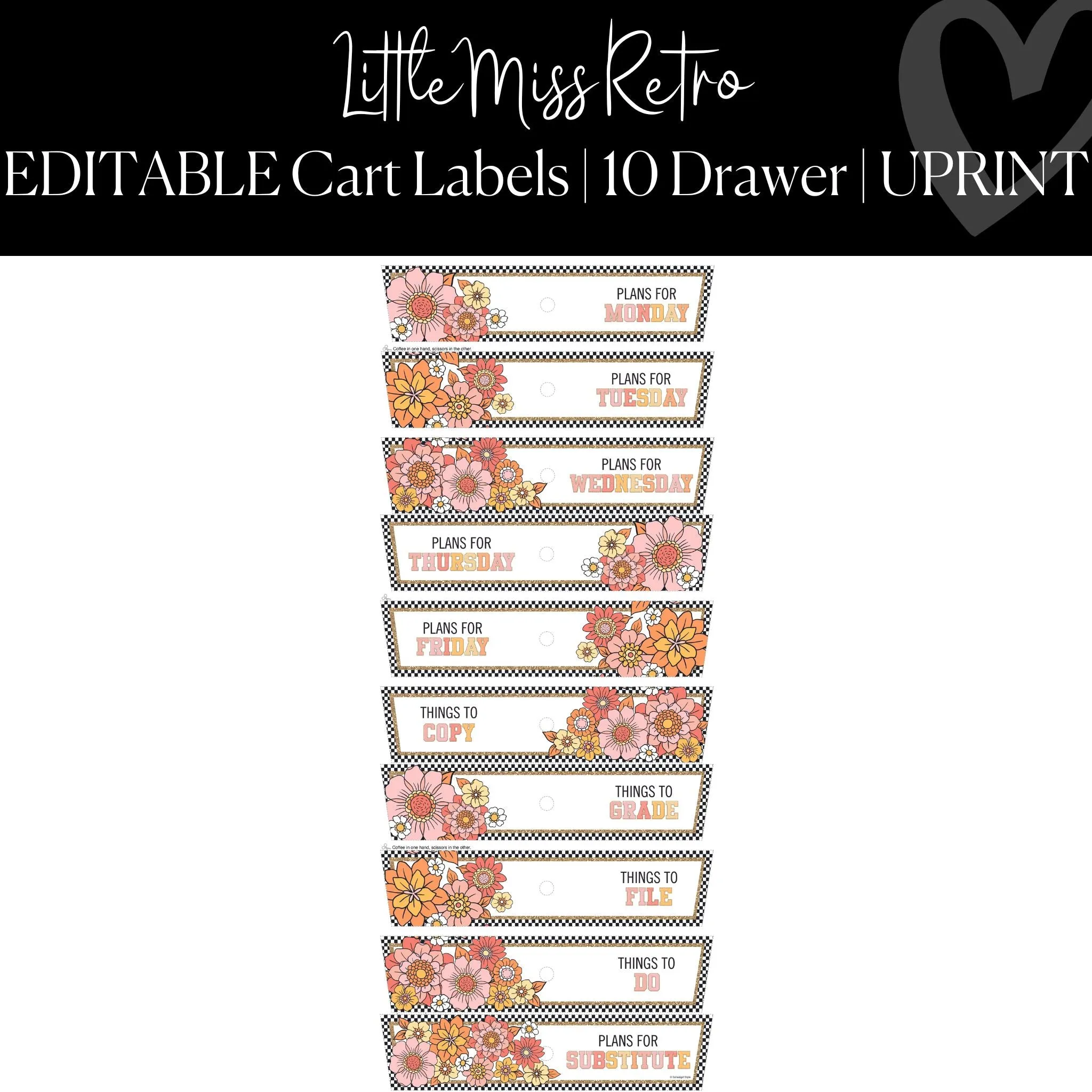 10 Drawer Rolling Cart Labels | Little Miss Retro Classroom Decor | UPRINT | Schoolgirl Style