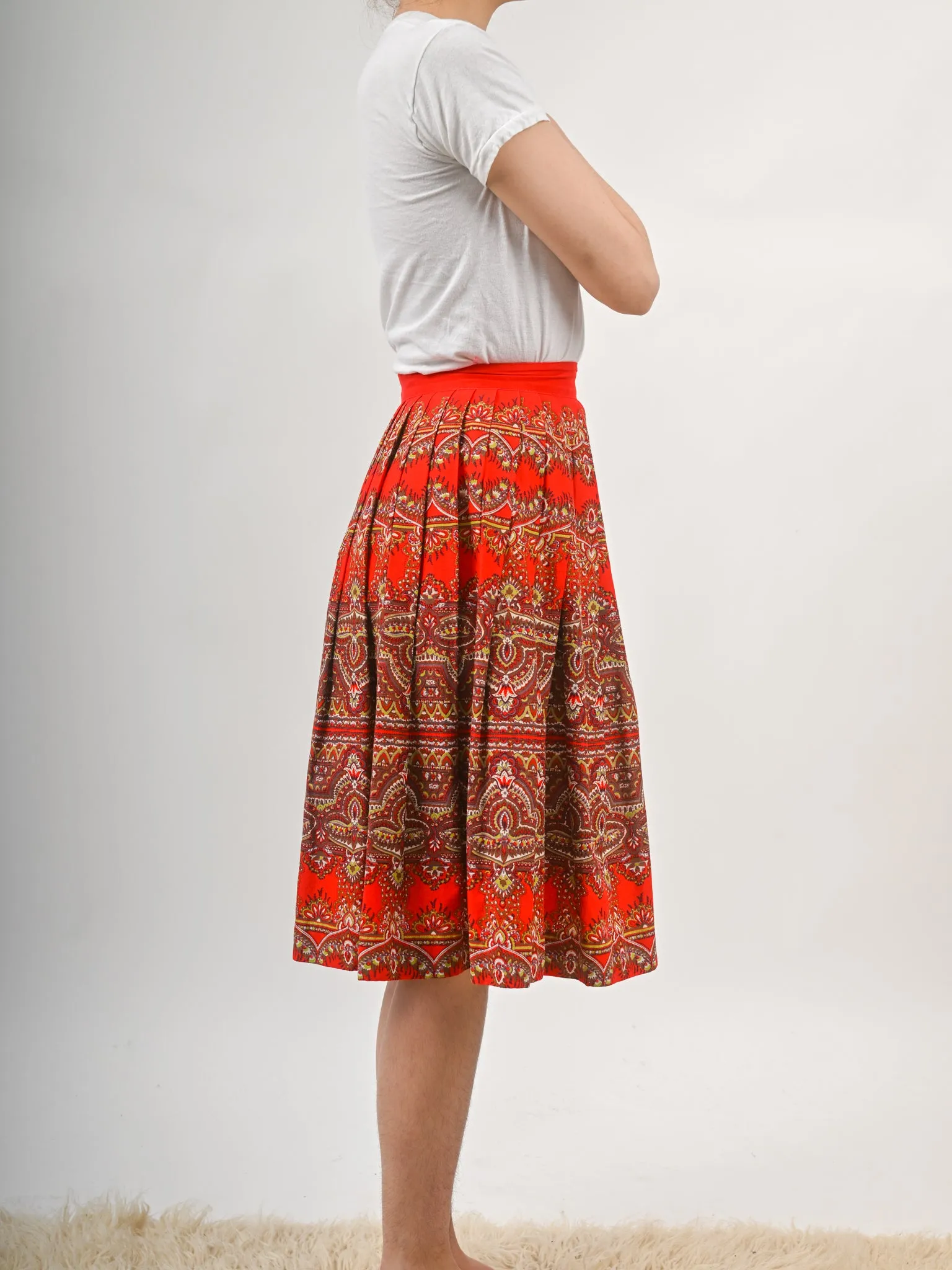 1950s Bright Red and Green Paisley Print Circle Skirt