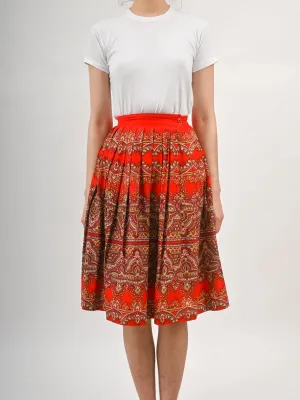 1950s Bright Red and Green Paisley Print Circle Skirt