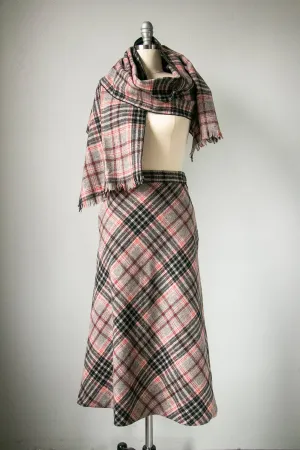 1960s Wool Skirt Scarf Set Plaid XS