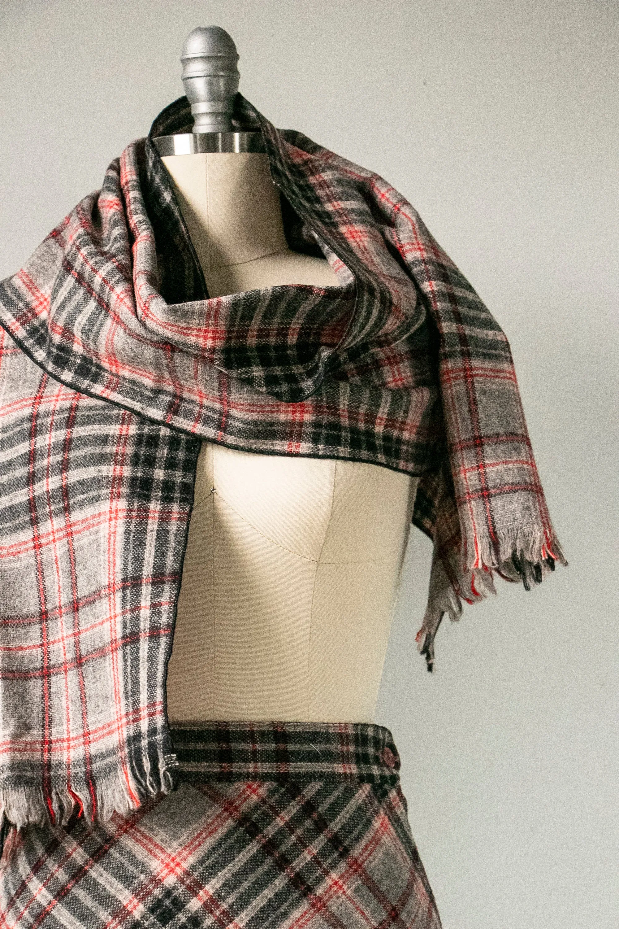 1960s Wool Skirt Scarf Set Plaid XS