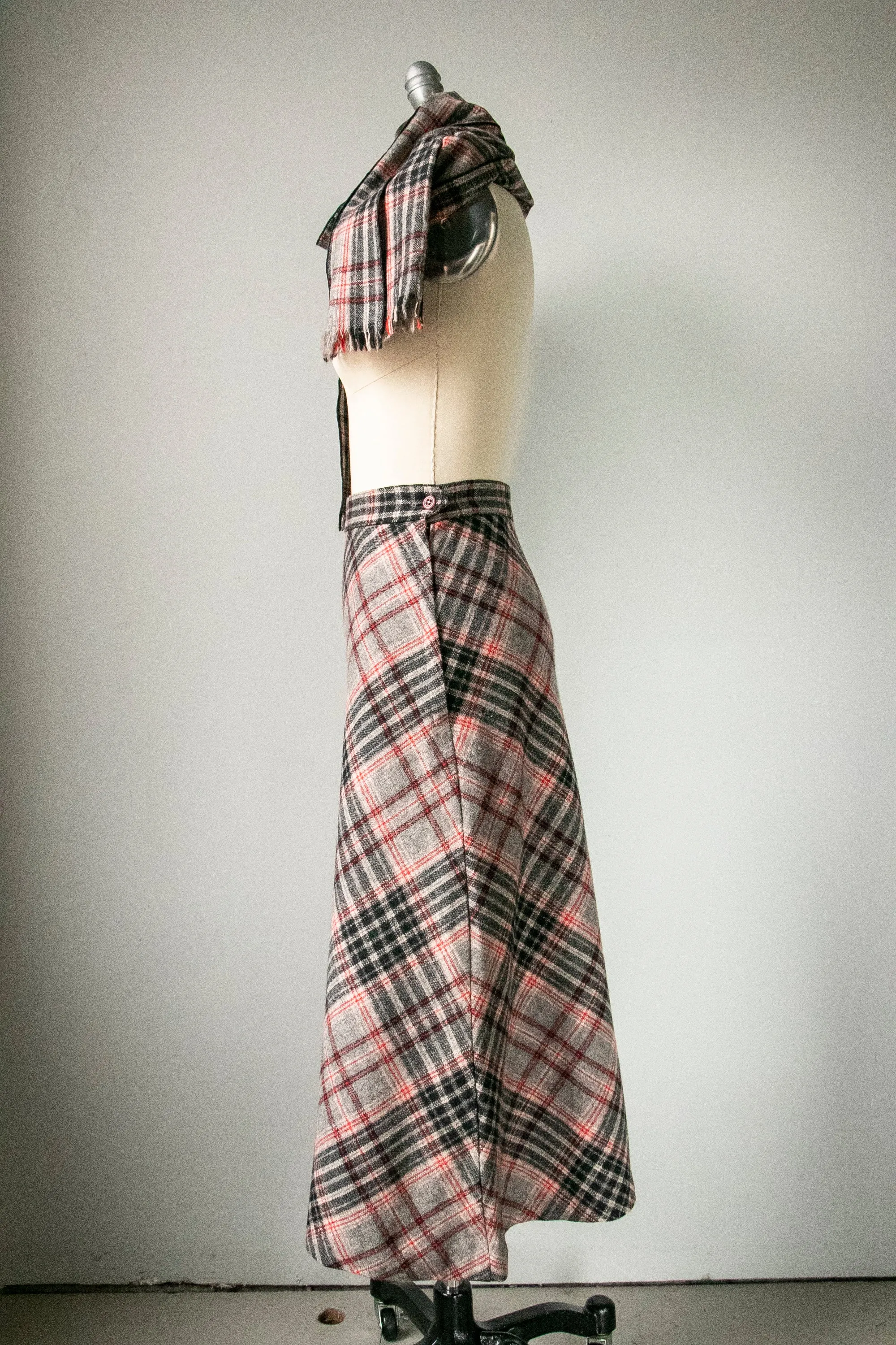 1960s Wool Skirt Scarf Set Plaid XS