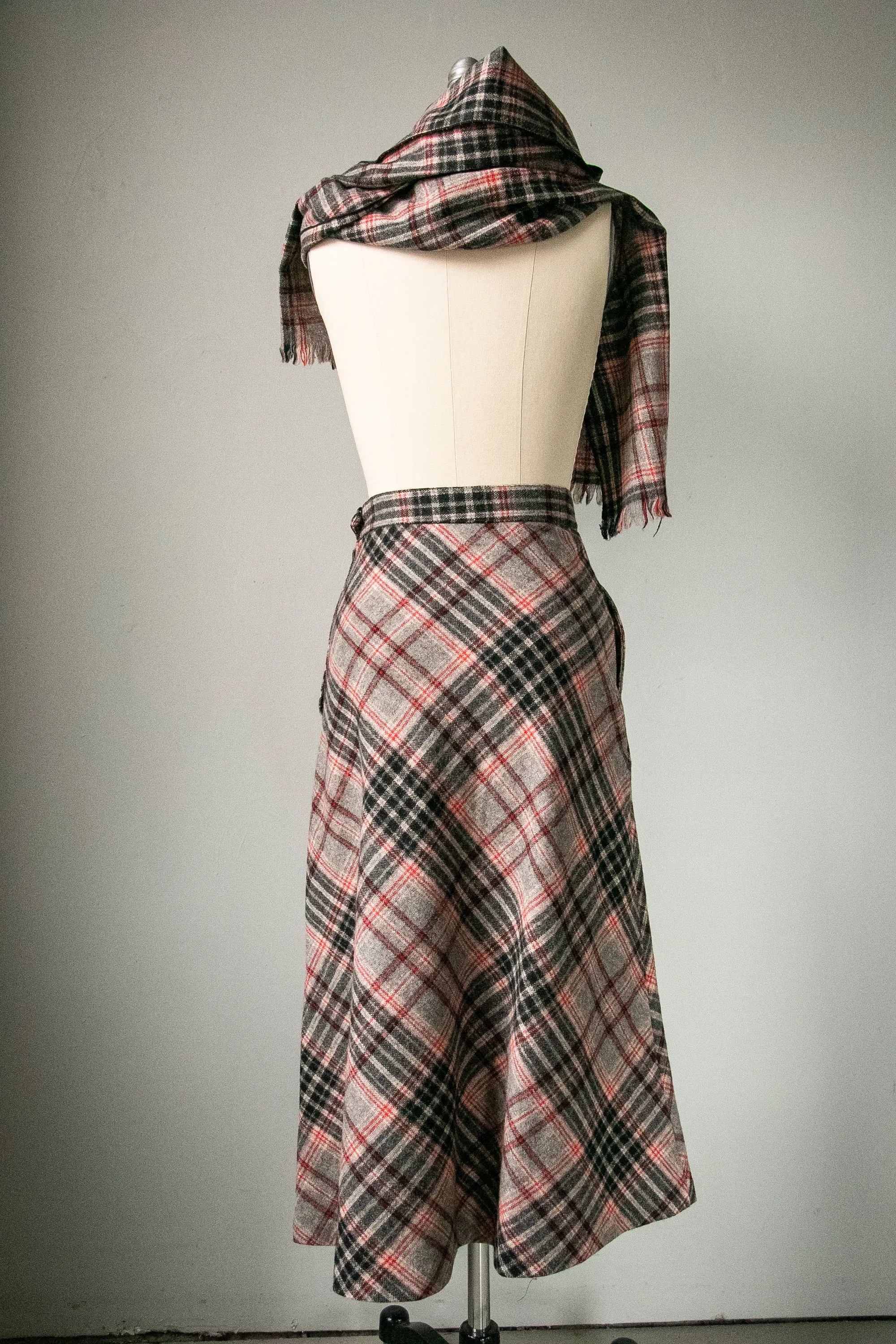 1960s Wool Skirt Scarf Set Plaid XS