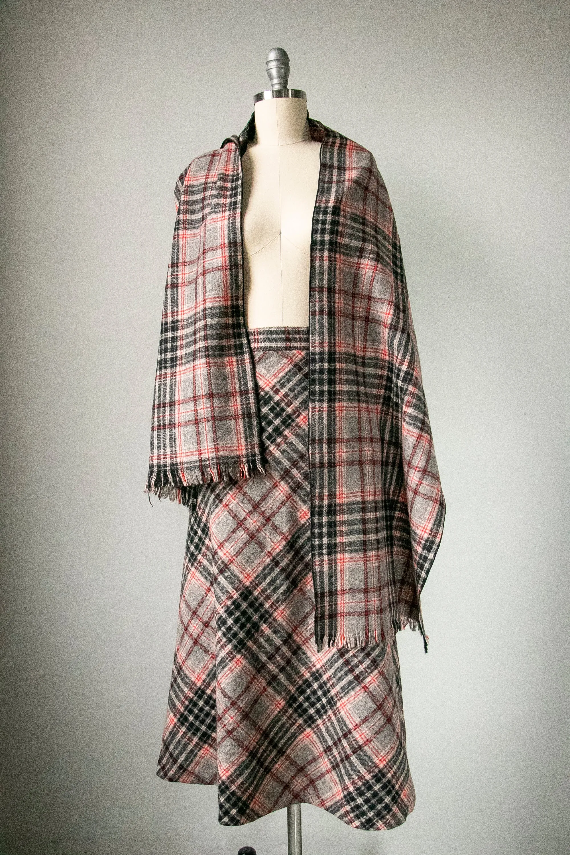 1960s Wool Skirt Scarf Set Plaid XS