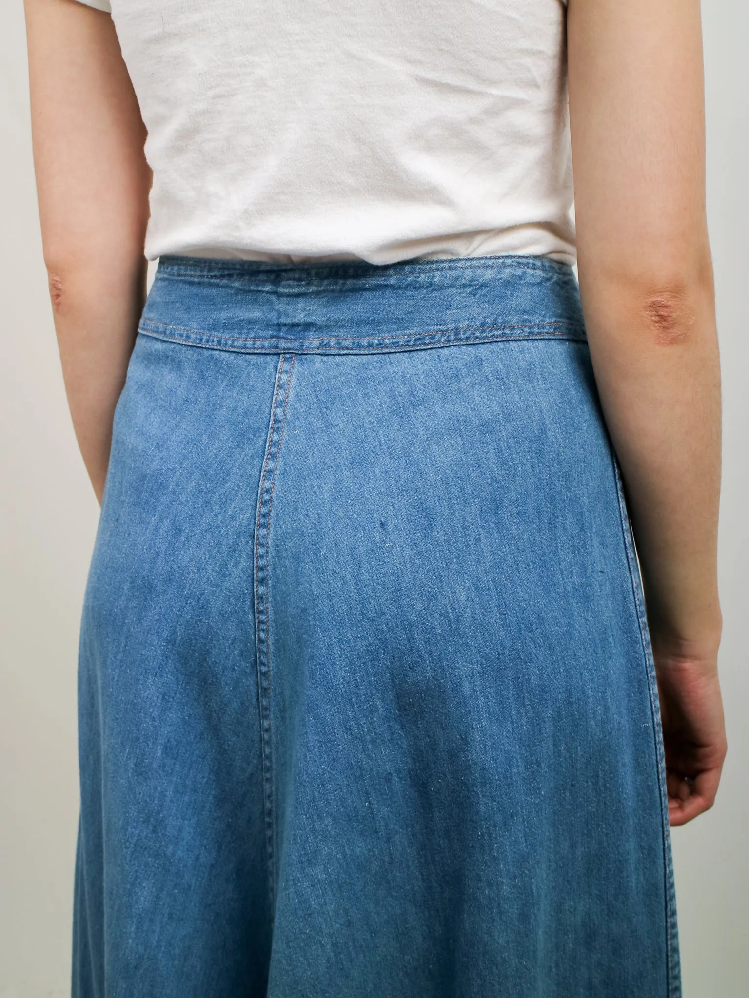 1970s Light Wash Denim Double Zip Front Maxi Skirt