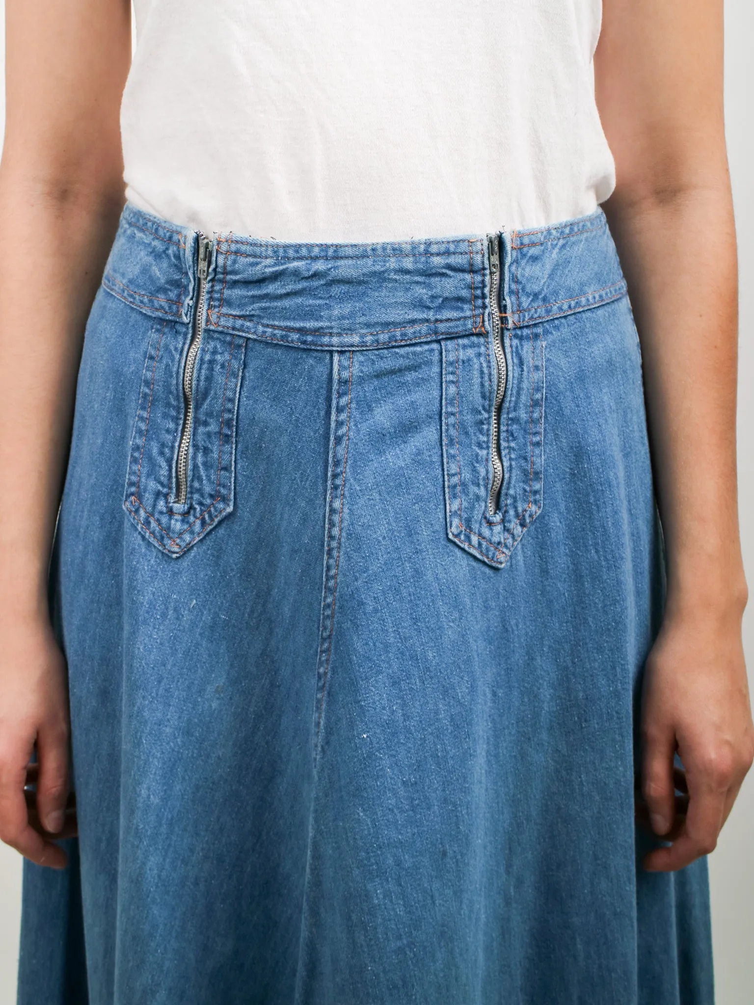 1970s Light Wash Denim Double Zip Front Maxi Skirt