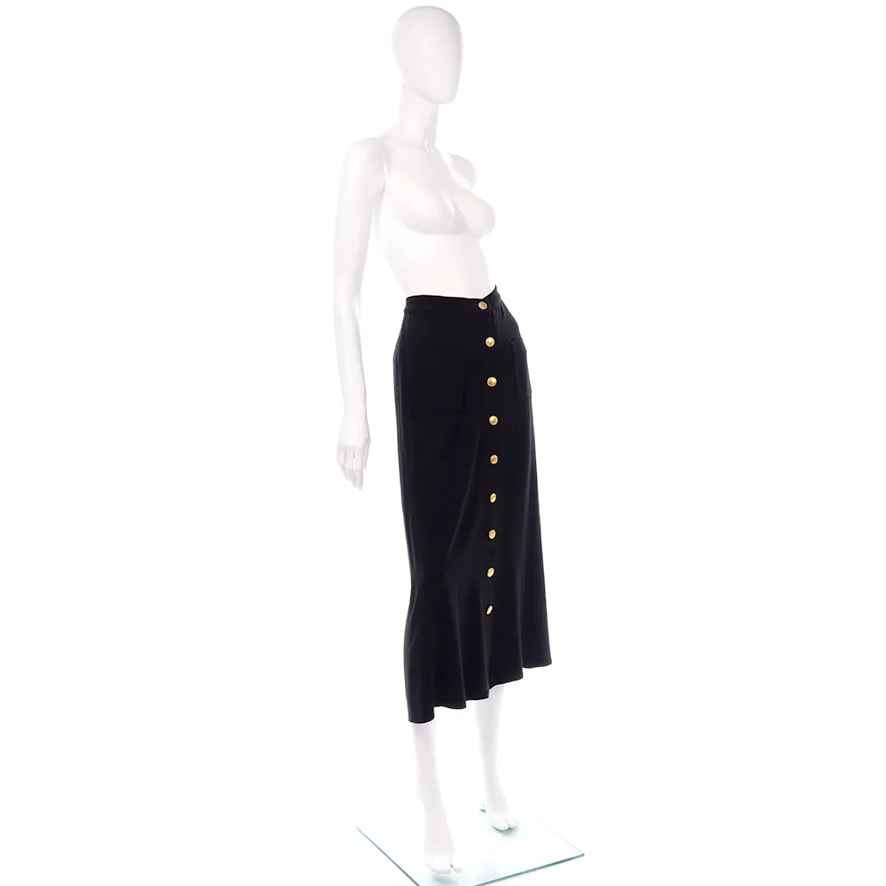 1980s Sonia Rykiel Black Midi Skirt w/ Gold Buttons