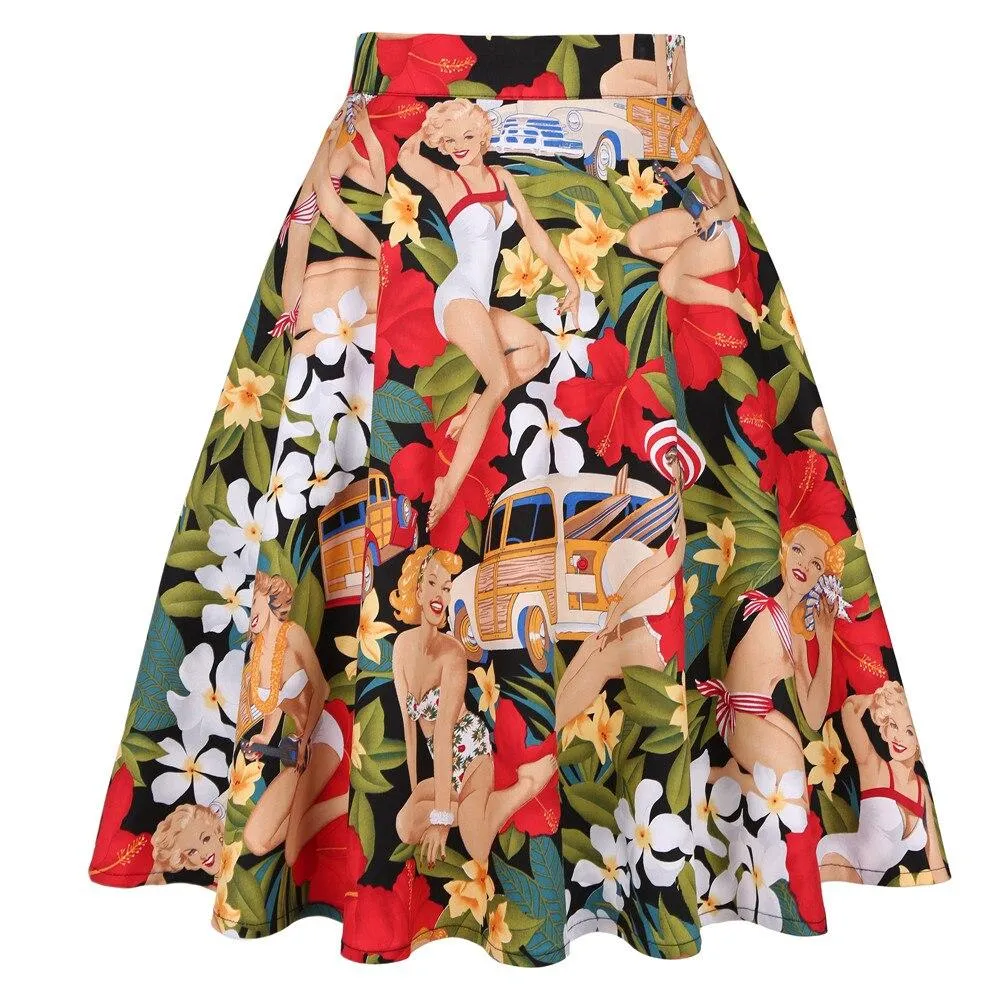 2021 Retro Vintage Women Skirts Summer Spring Casual Sundress High Waist Flared A-Line Back Zipper Knee Length 50s Skirts Lady