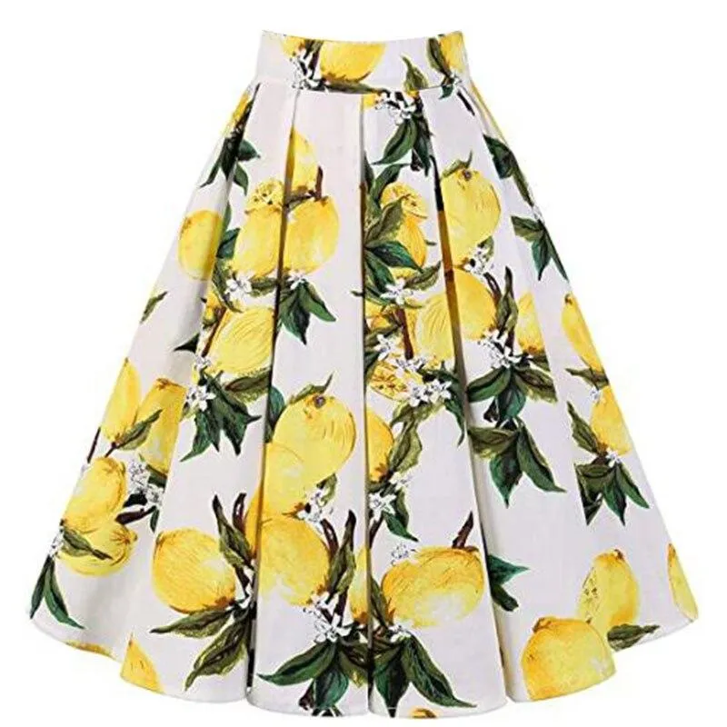 2021 Sunflower Women Short Pleated Skirts Cotton High Waist Lemon Floral Polka Dot Printed HepburnY2K JK School Casual Skater