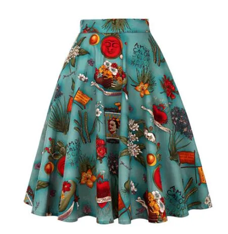 2021 Women Retro Vintage High Waist Skirts 50s Big Swing Keen Length Elegant Skater School Lady Girl's A-Line Skirt Faldas Mujer