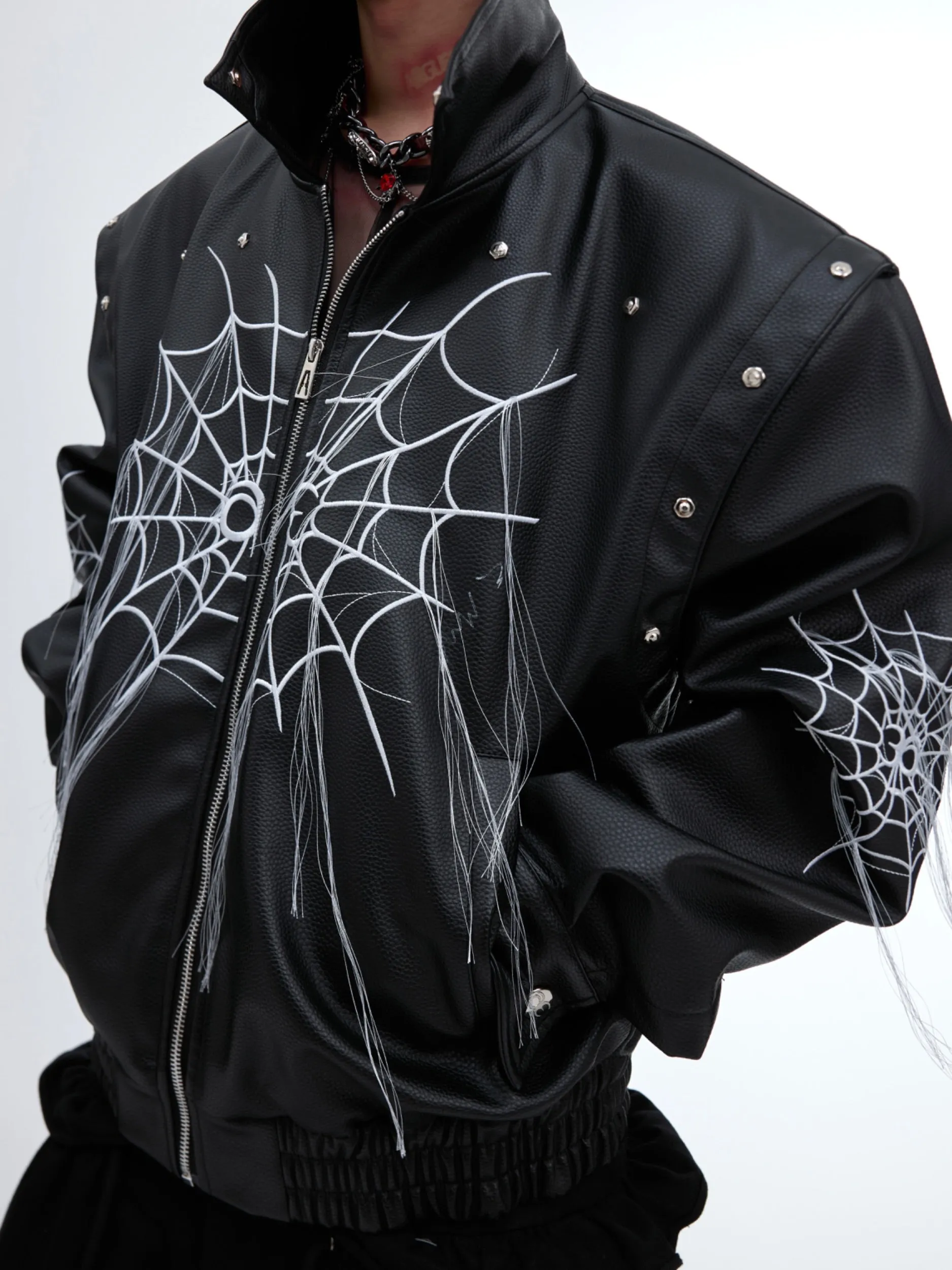 【24s Sep.】Spiderweb Metal Studded Tassel Leather Jacket