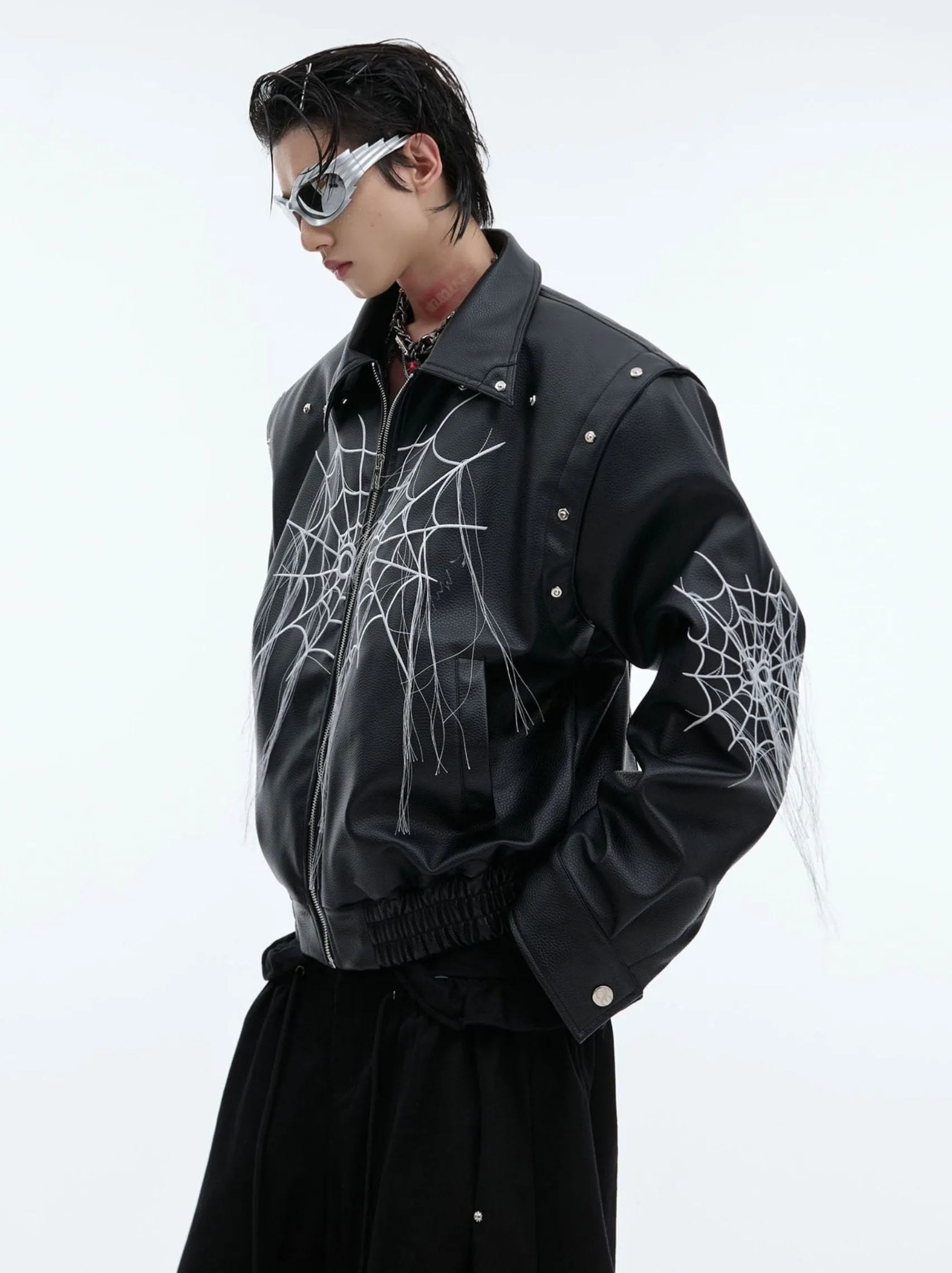 【24s Sep.】Spiderweb Metal Studded Tassel Leather Jacket