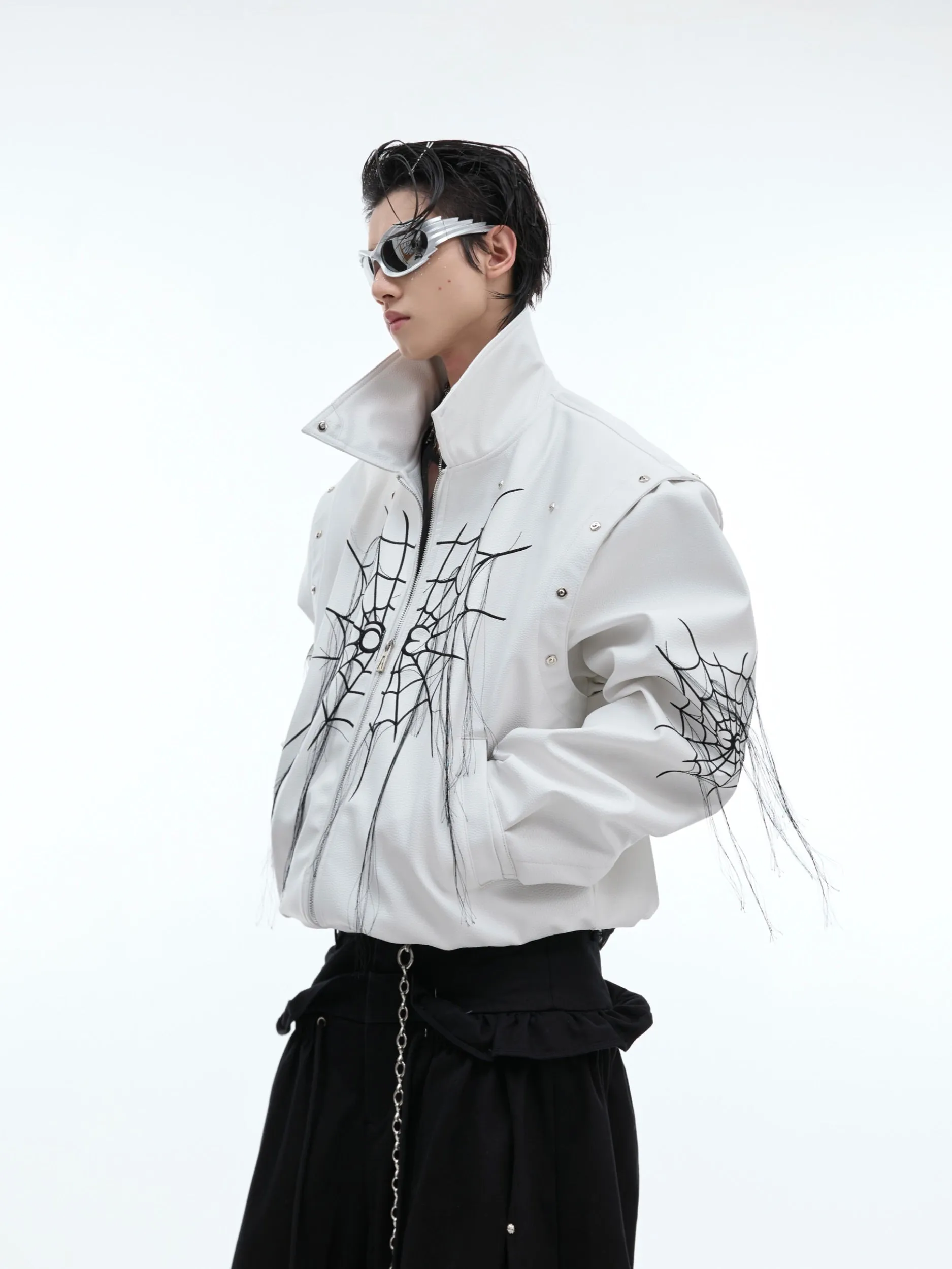 【24s Sep.】Spiderweb Metal Studded Tassel Leather Jacket