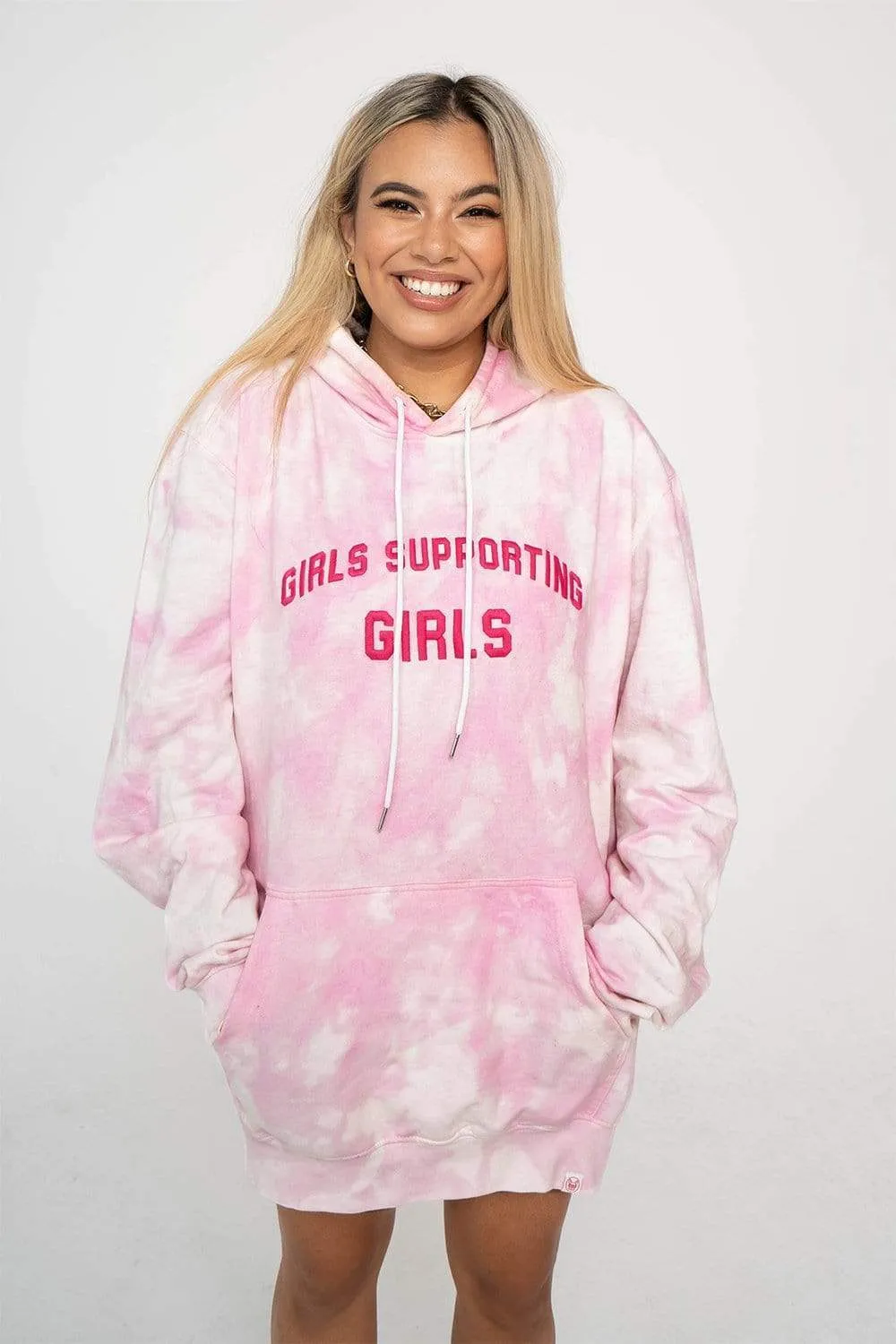 Adelaine Morin 'Girls Supporting Girl's Pastel Pink Tie Dye Hoodie