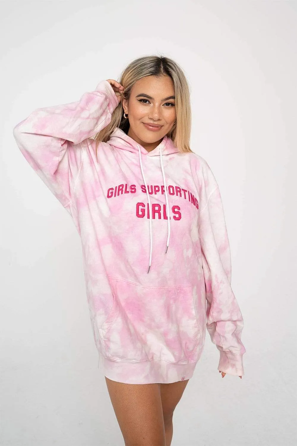 Adelaine Morin 'Girls Supporting Girl's Pastel Pink Tie Dye Hoodie