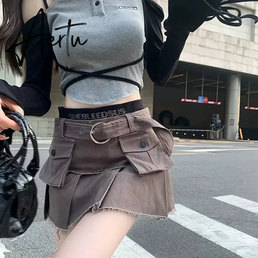 Aiertu Retro Y2k Clothes Solid Cargos Skirts Women Streetwear Mini Skirts Women Vintage Sexy Clubwear Fashion Denim Short Skirt