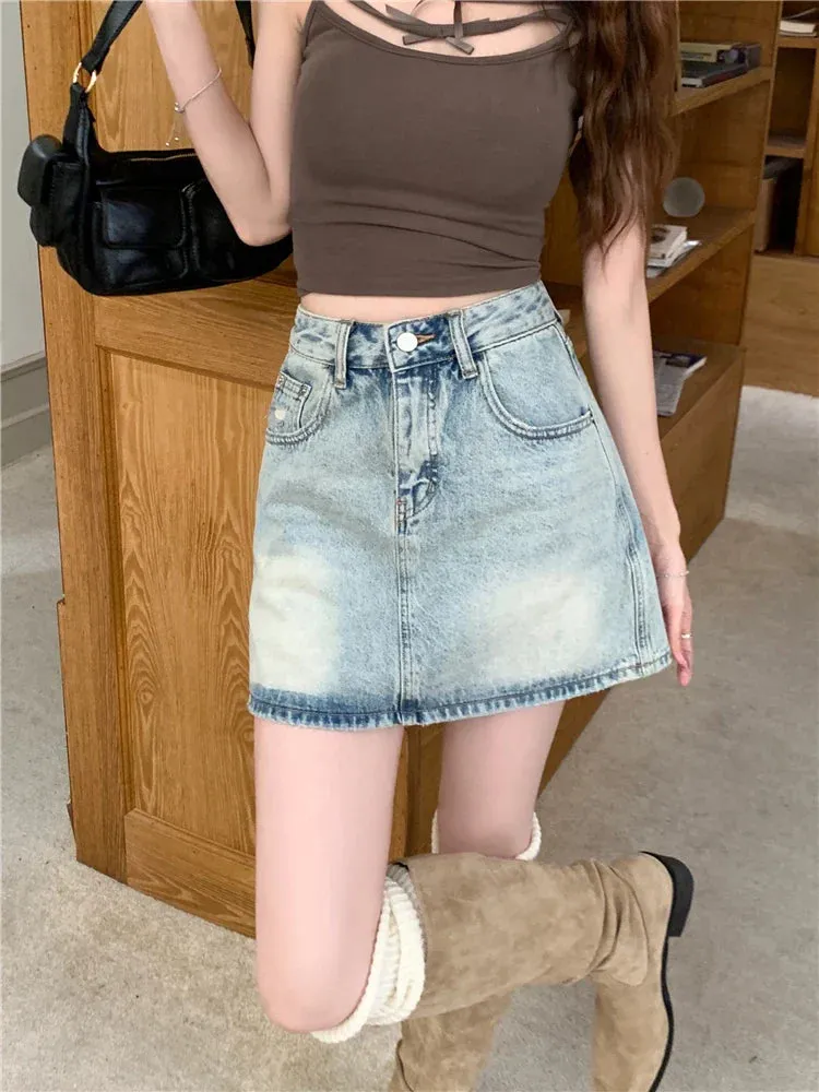 American Fashion Casual High Denim Summer Retro Streetwear Waisted Skirt