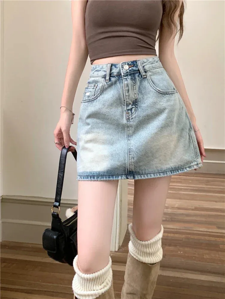 American Fashion Casual High Denim Summer Retro Streetwear Waisted Skirt