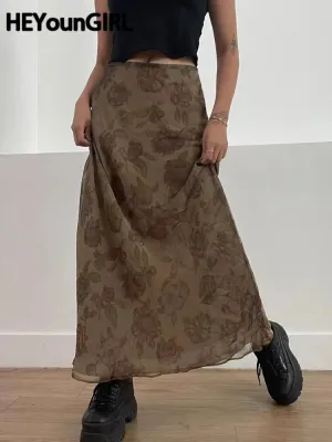 Amozae Autumn Long Skirt Vintage Floral Print Low Rise  Ladies Skirts Aesthetic Y2K High Street Retro Mesh Chic Skirt Casual