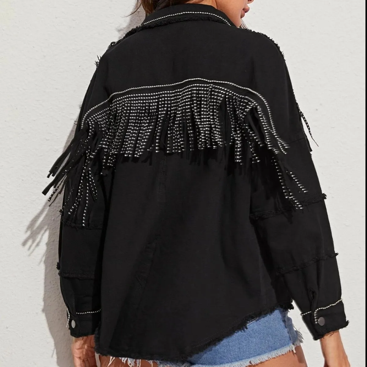 *APP EXCLUSIVE* Fringe Detail Button-Down Collared Neck Denim Jacket