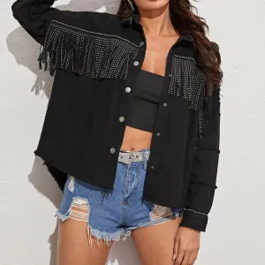 *APP EXCLUSIVE* Fringe Detail Button-Down Collared Neck Denim Jacket