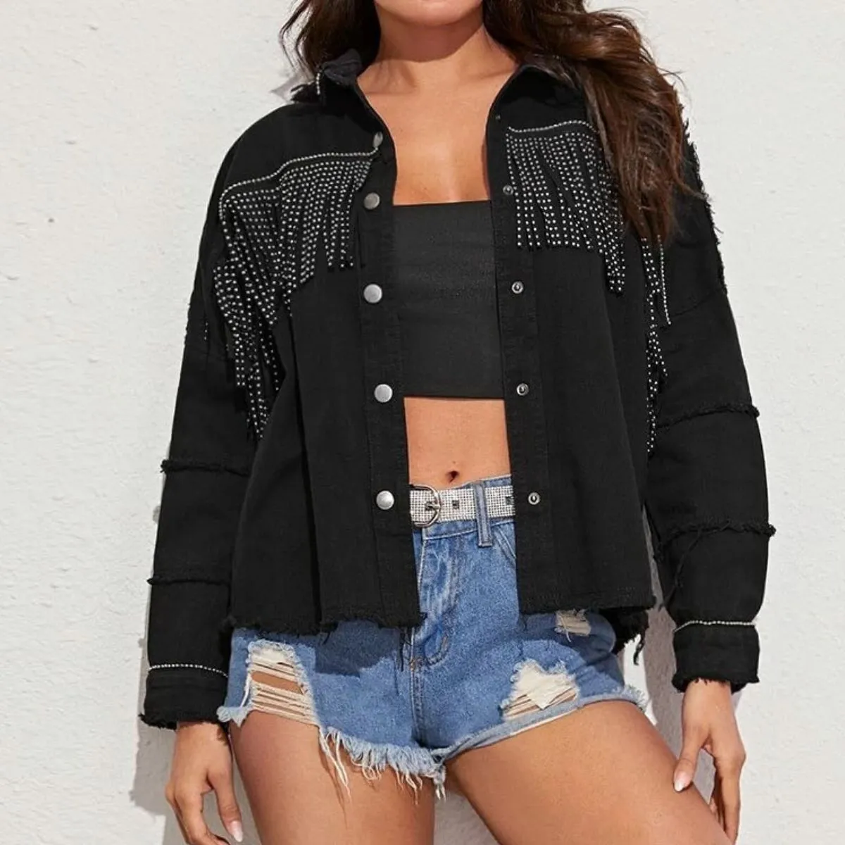 *APP EXCLUSIVE* Fringe Detail Button-Down Collared Neck Denim Jacket