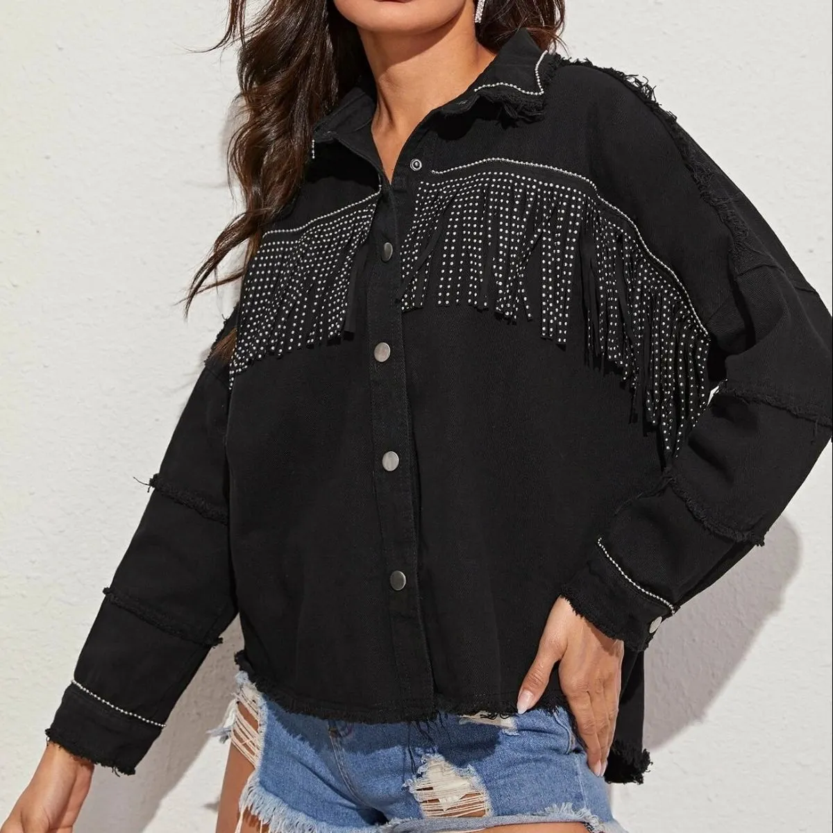 *APP EXCLUSIVE* Fringe Detail Button-Down Collared Neck Denim Jacket