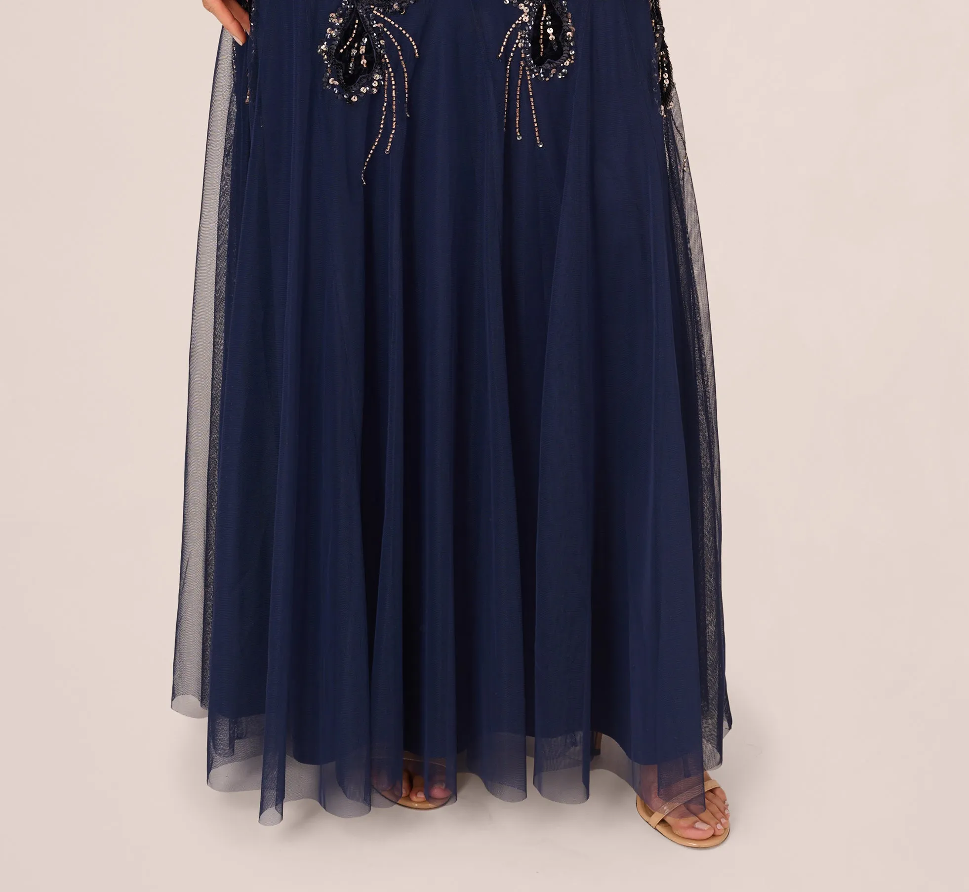 Beaded Long Sleeve Mermaid Gown With Velvet Trim In Light Navy