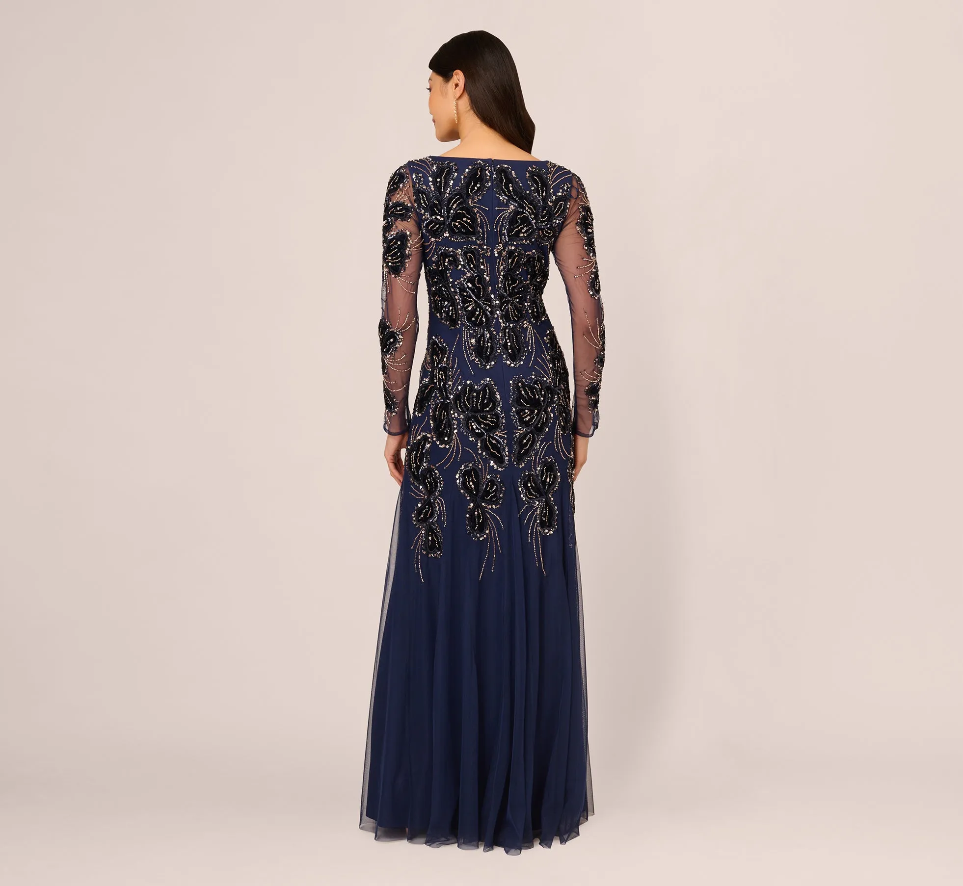 Beaded Long Sleeve Mermaid Gown With Velvet Trim In Light Navy