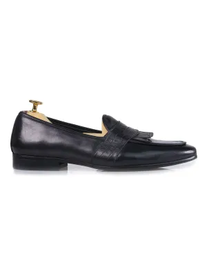 Belgian Loafer - Black Grey Phyton Penny Strap with Studded Fringe (Hand Painted Patina)