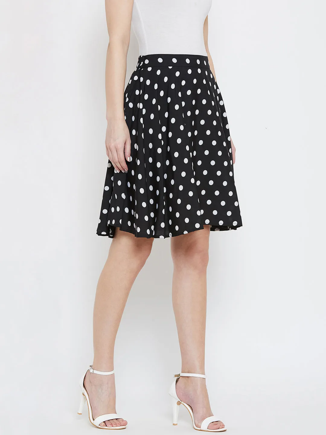 Berrylush Women Black & White Polka Dot Printed Elastic Waist Flared Mini Skirt