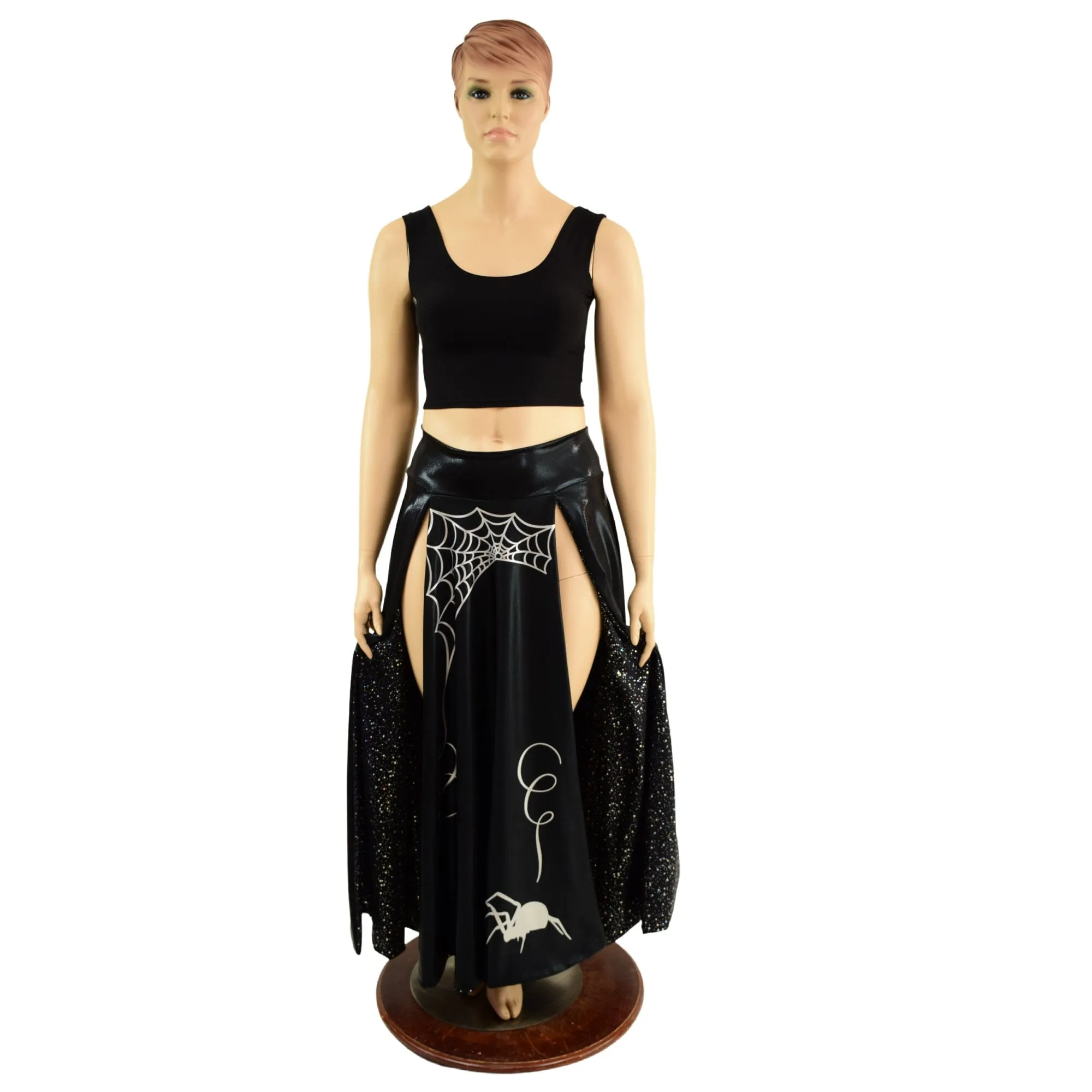 Black Mystique Double Split Skirt with Silver Spider and Star Noir Lining