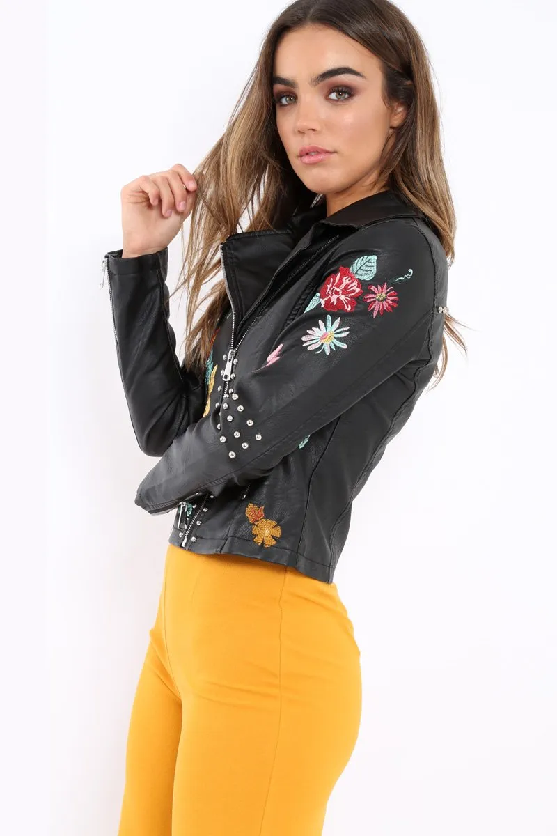 Black PU Leather Embroidered Stud Leather Jacket - Bianca