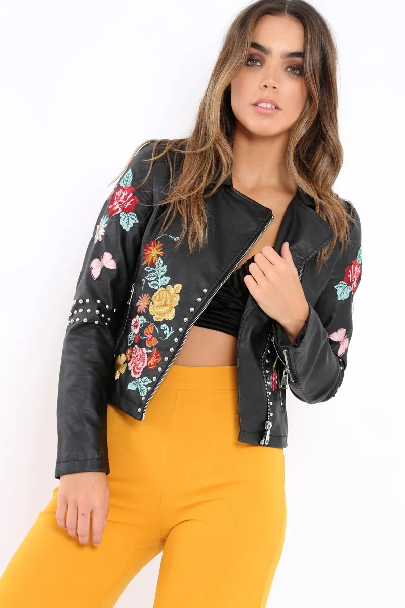 Black PU Leather Embroidered Stud Leather Jacket - Bianca