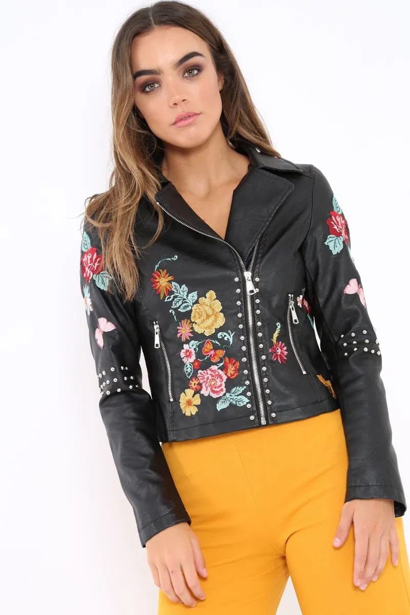 Black PU Leather Embroidered Stud Leather Jacket - Bianca