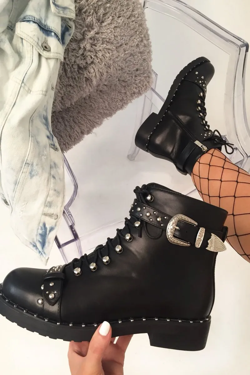 Black PU Studded Biker Boots - Bailee