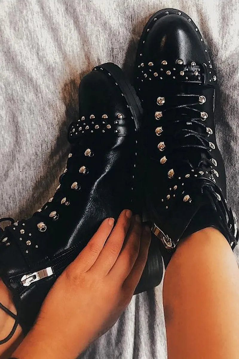 Black PU Studded Biker Boots - Bailee