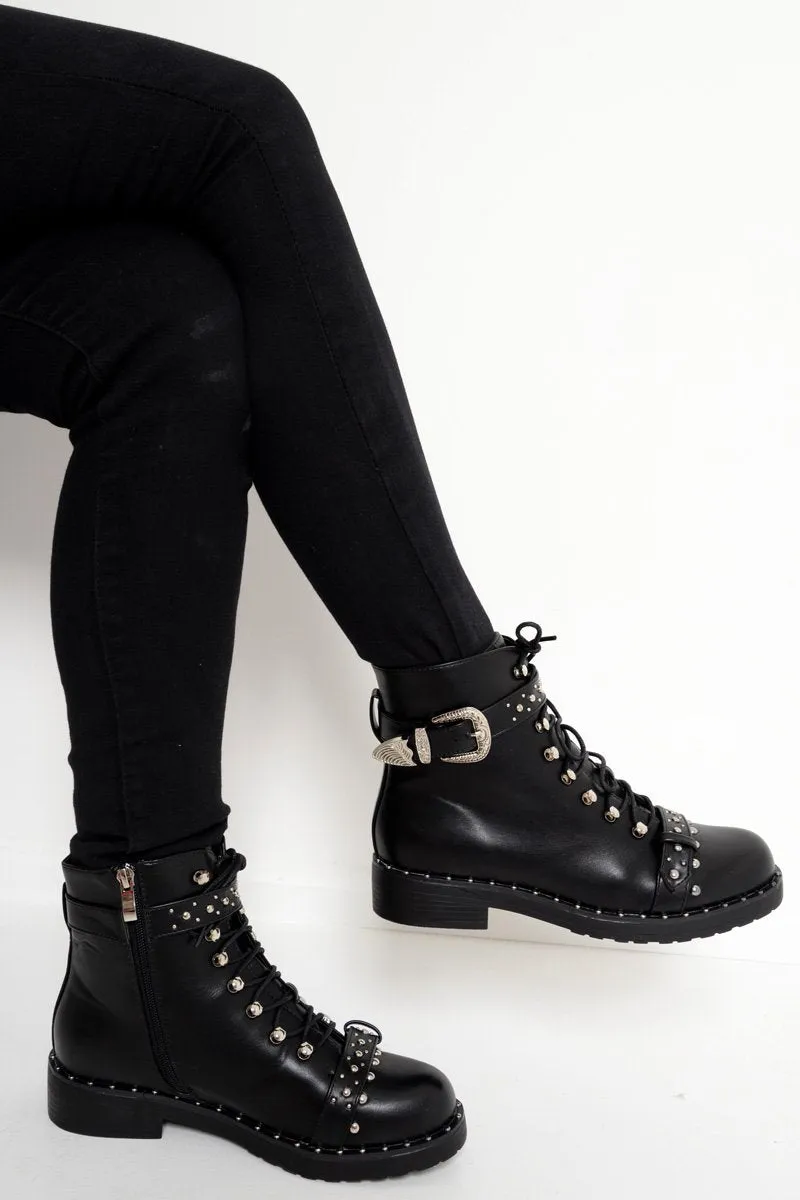 Black PU Studded Biker Boots - Bailee