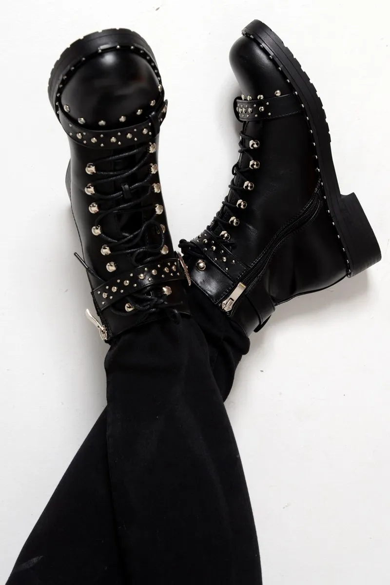 Black PU Studded Biker Boots - Bailee