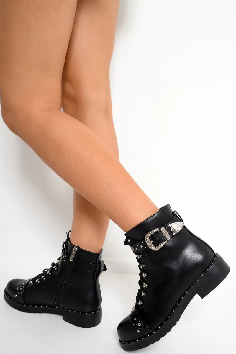 Black PU Studded Biker Boots - Bailee