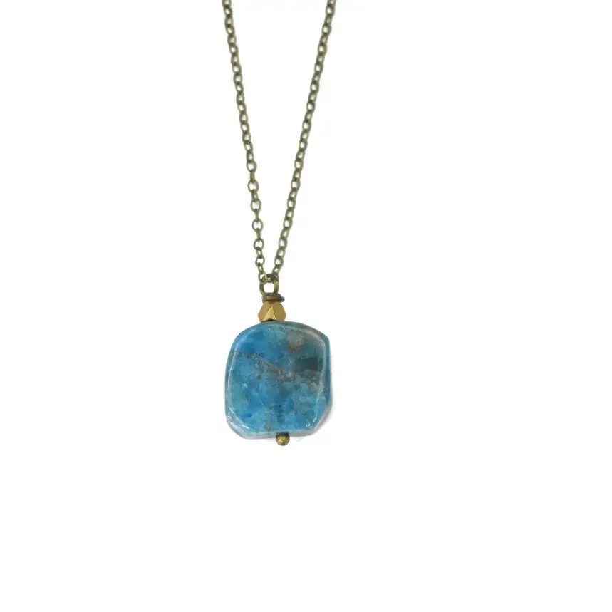 Blue Green Apatite Square Rock Stone Slab Pendant Necklace