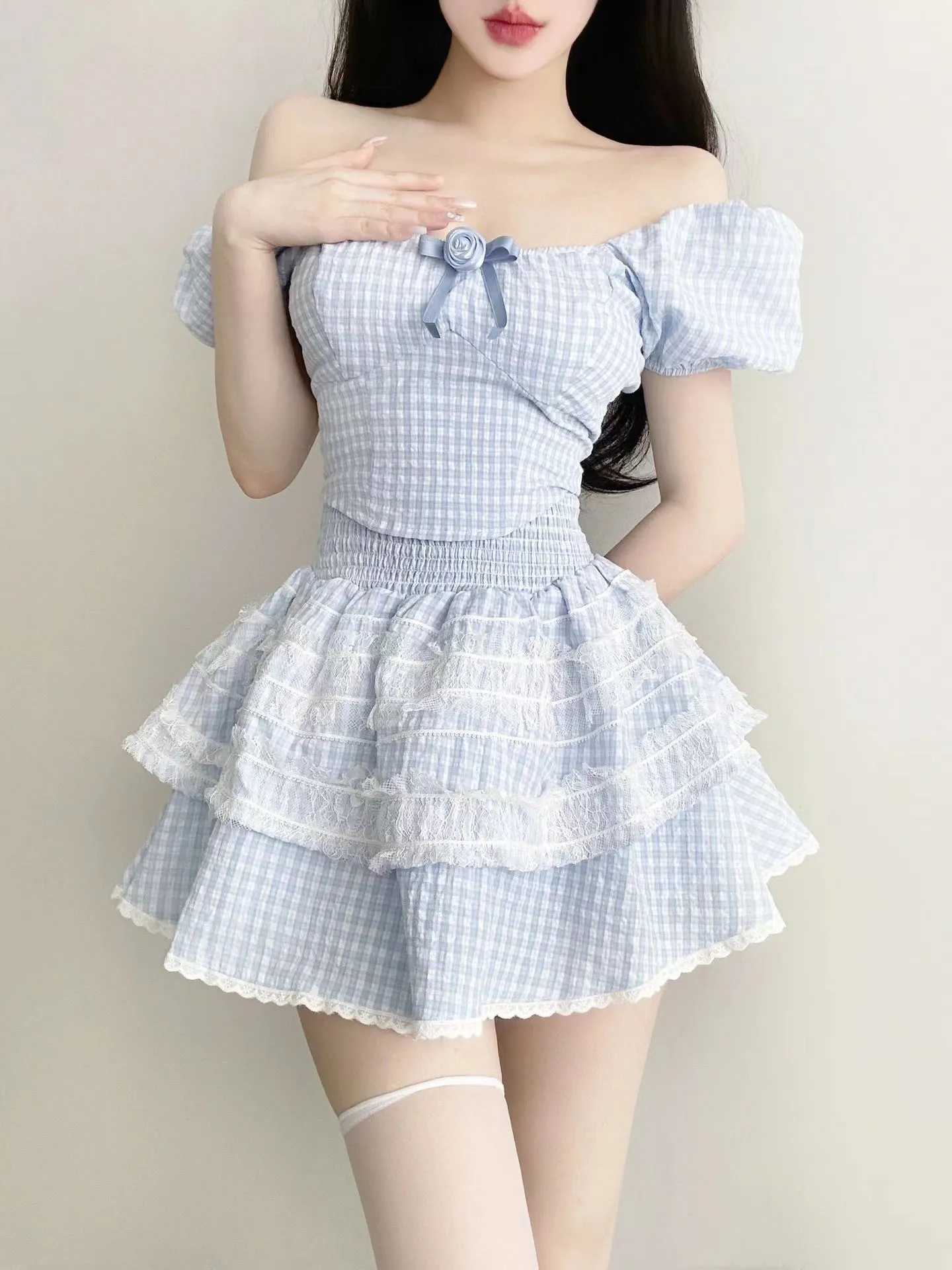 Blue plaid top   high waist tutu skirt two-piece set PL53517