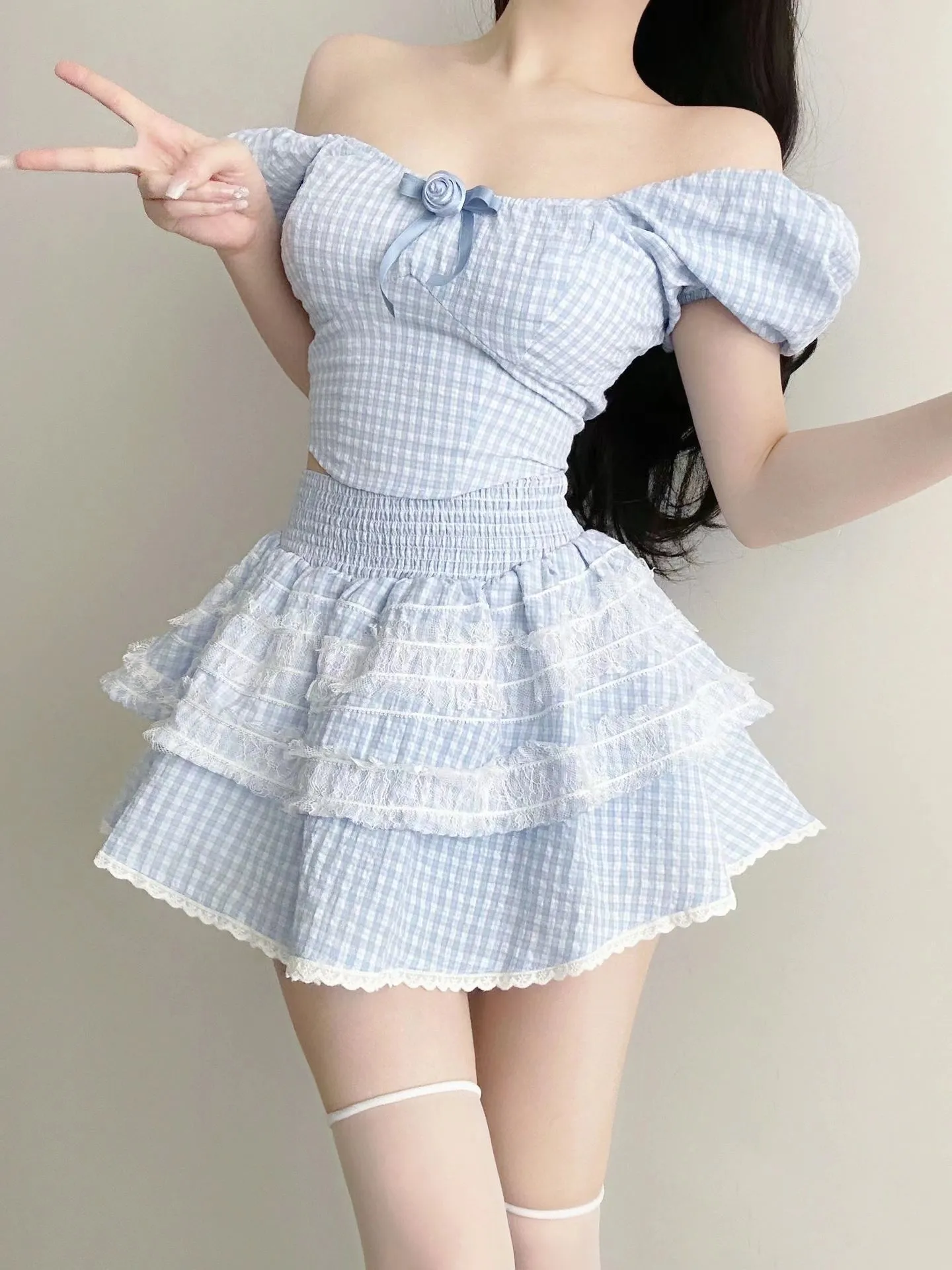 Blue plaid top   high waist tutu skirt two-piece set PL53517