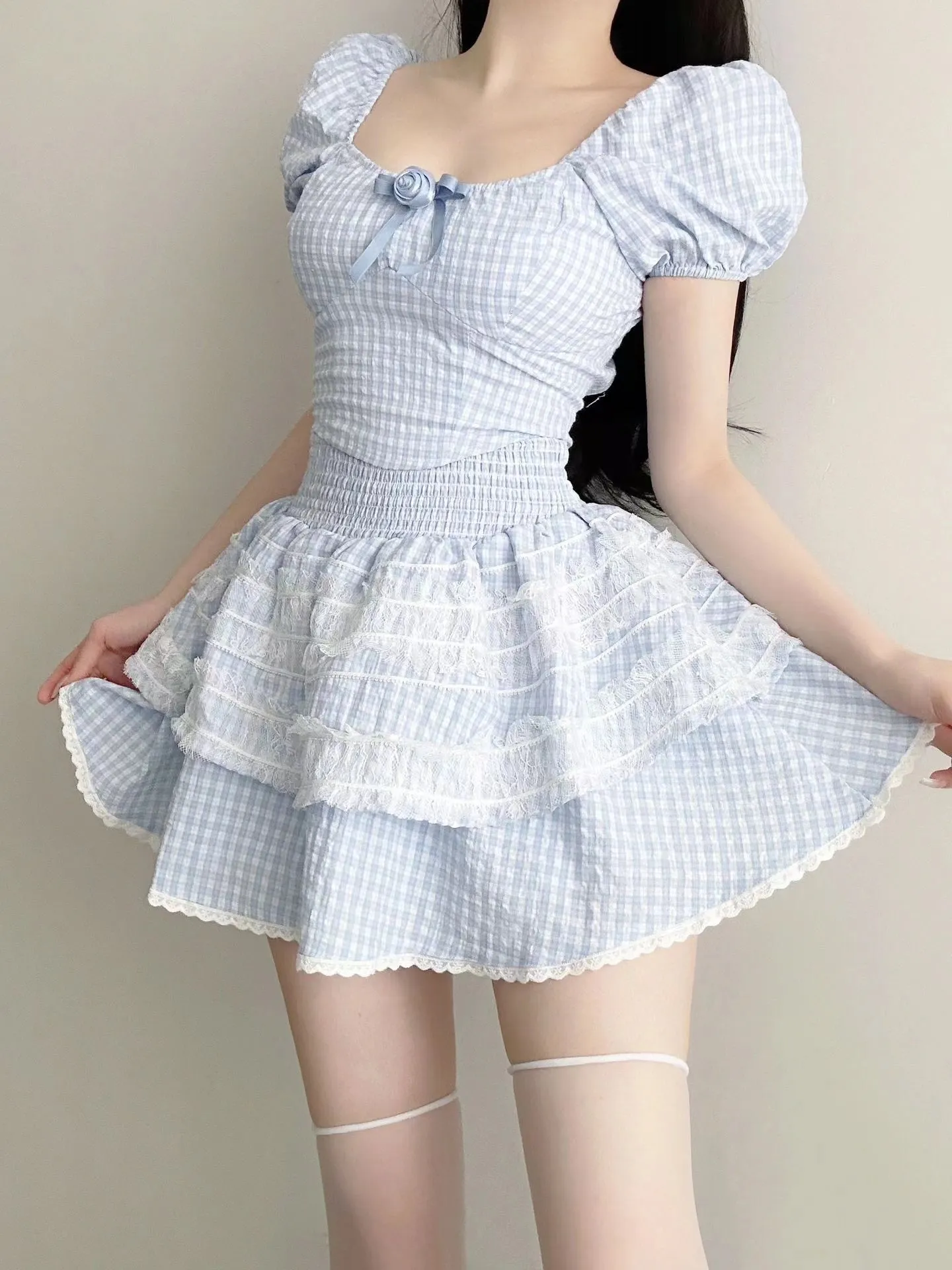 Blue plaid top   high waist tutu skirt two-piece set PL53517