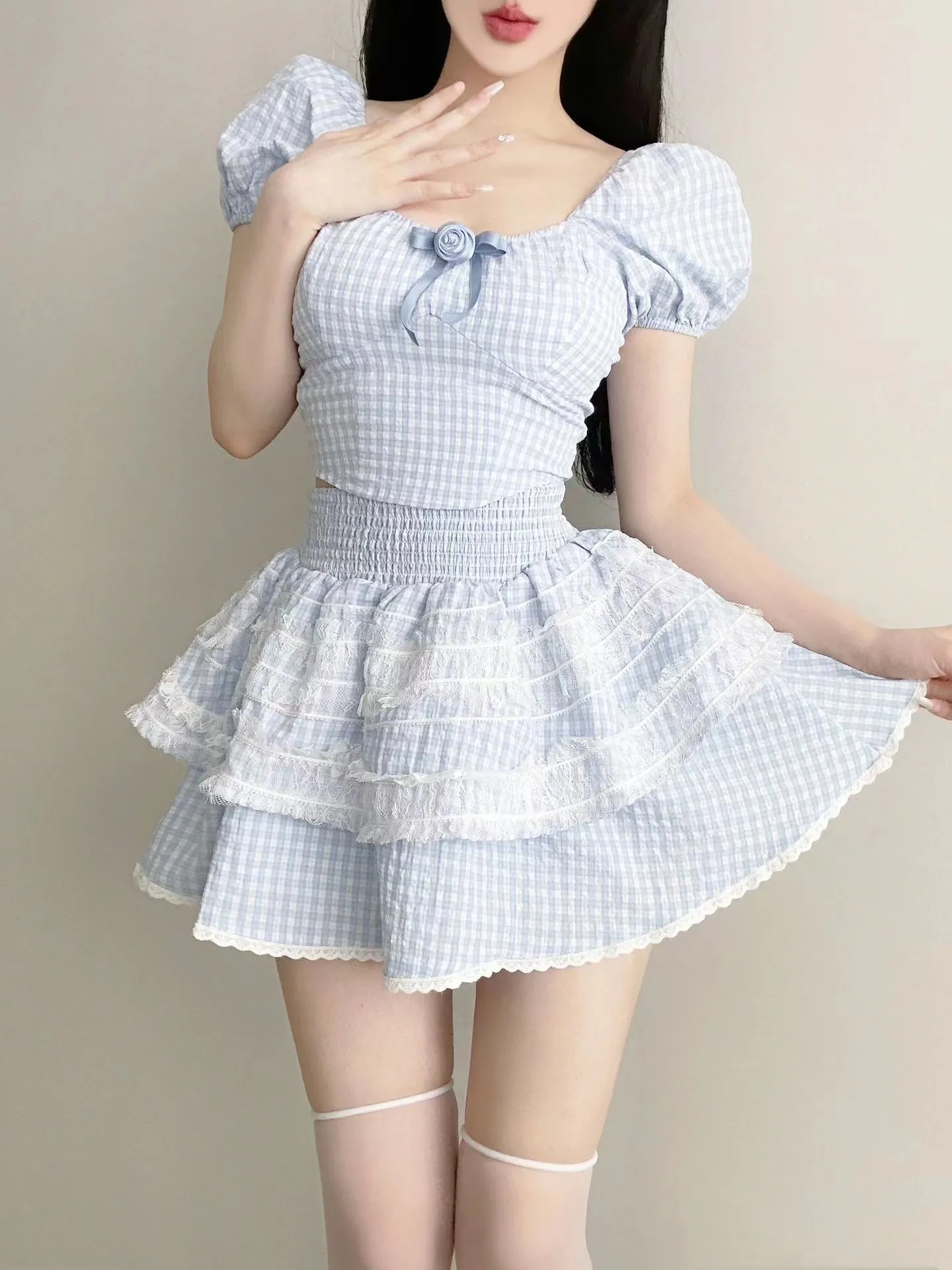 Blue plaid top   high waist tutu skirt two-piece set PL53517