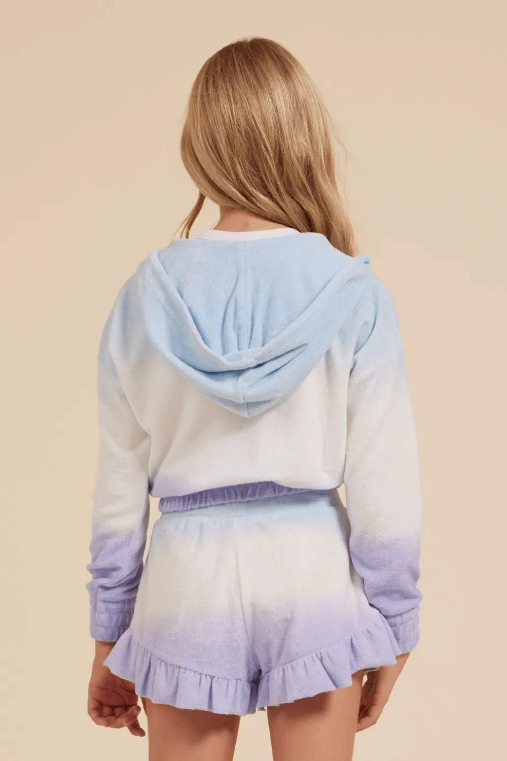 Blue/White/Lavender Tie Dye Terry Cloth Elastic Bottom Hoodie