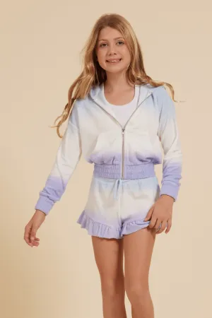 Blue/White/Lavender Tie Dye Terry Cloth Elastic Bottom Hoodie