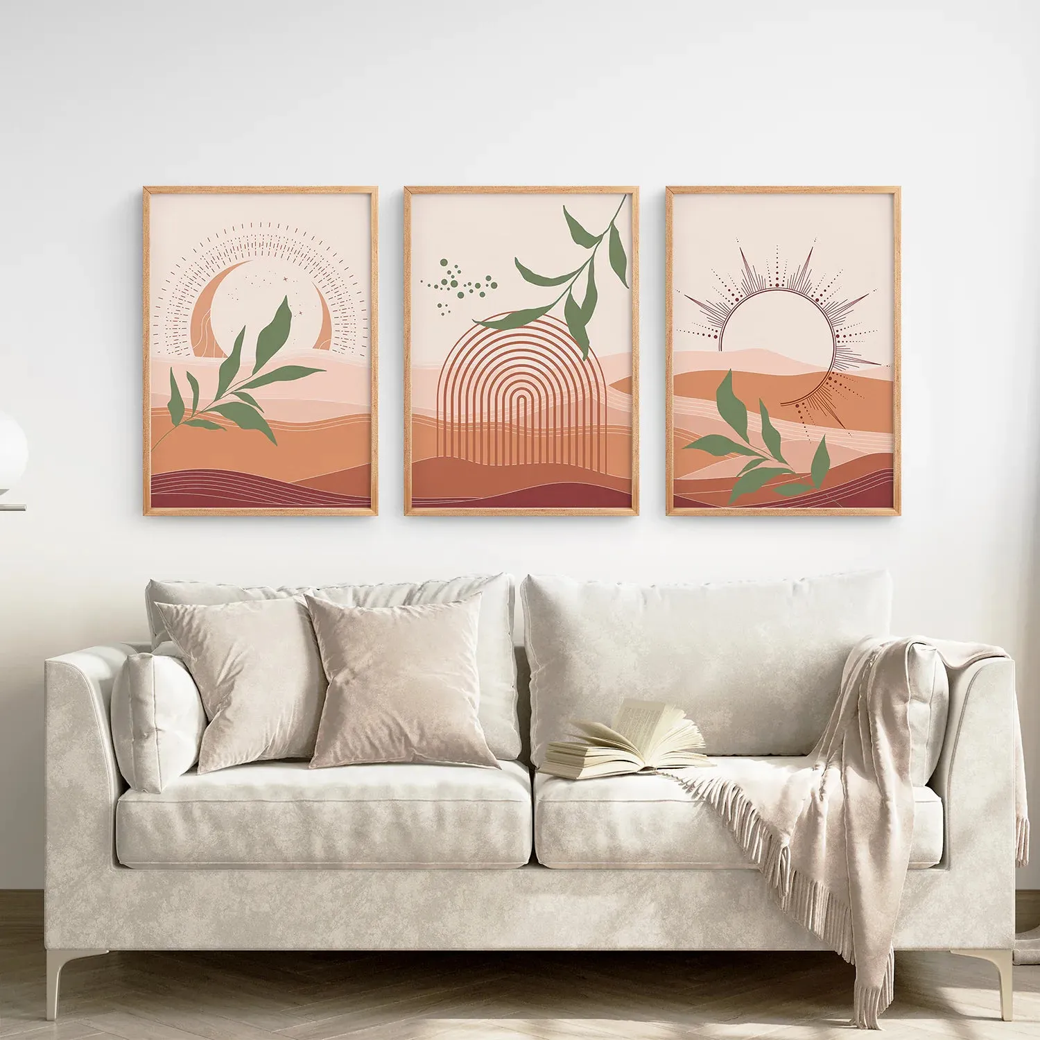 Boho Abstract Wall Art Set of 3 Prints. Green Leaves