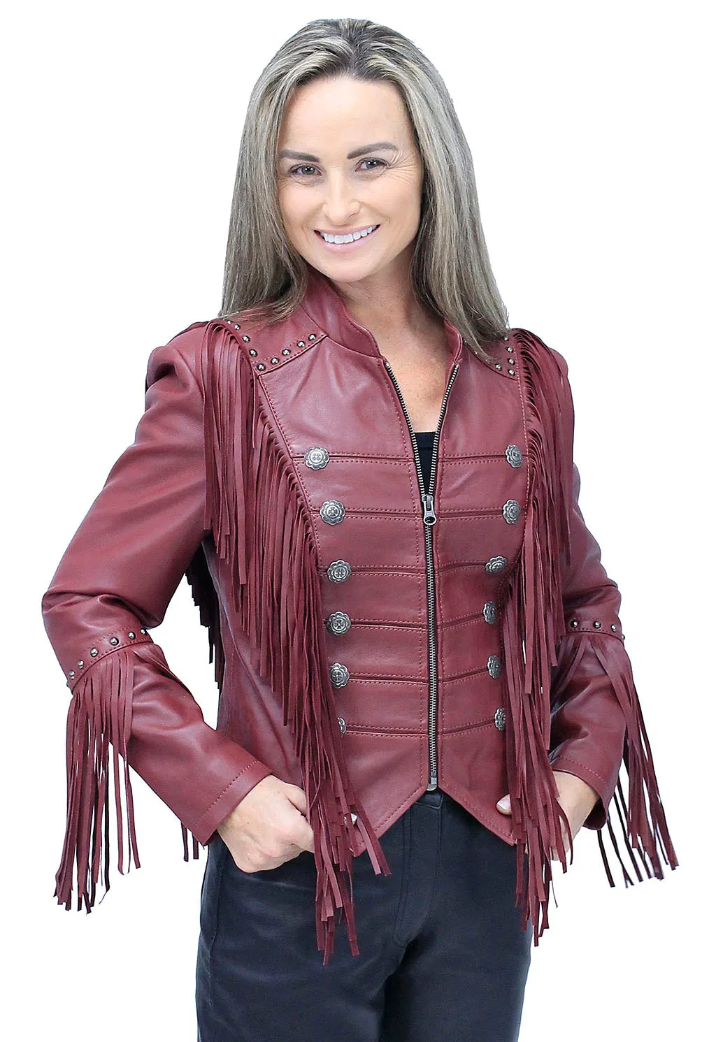 Burgundy Red Leather Fringed Band Leader Jacket #L98426SFR