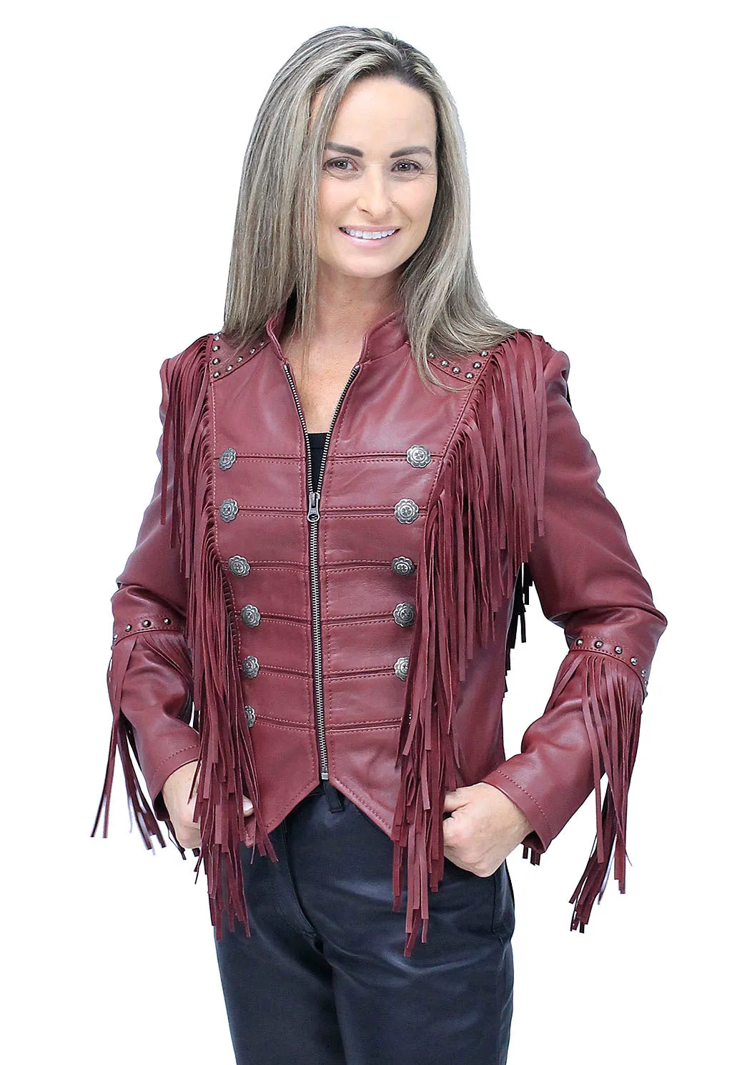 Burgundy Red Leather Fringed Band Leader Jacket #L98426SFR